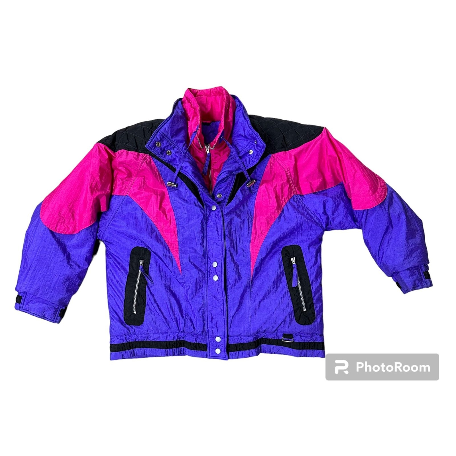 Vintage Puffer Coat Ski Jacket Puffy Color Block Pink Purple Black Large 1990s