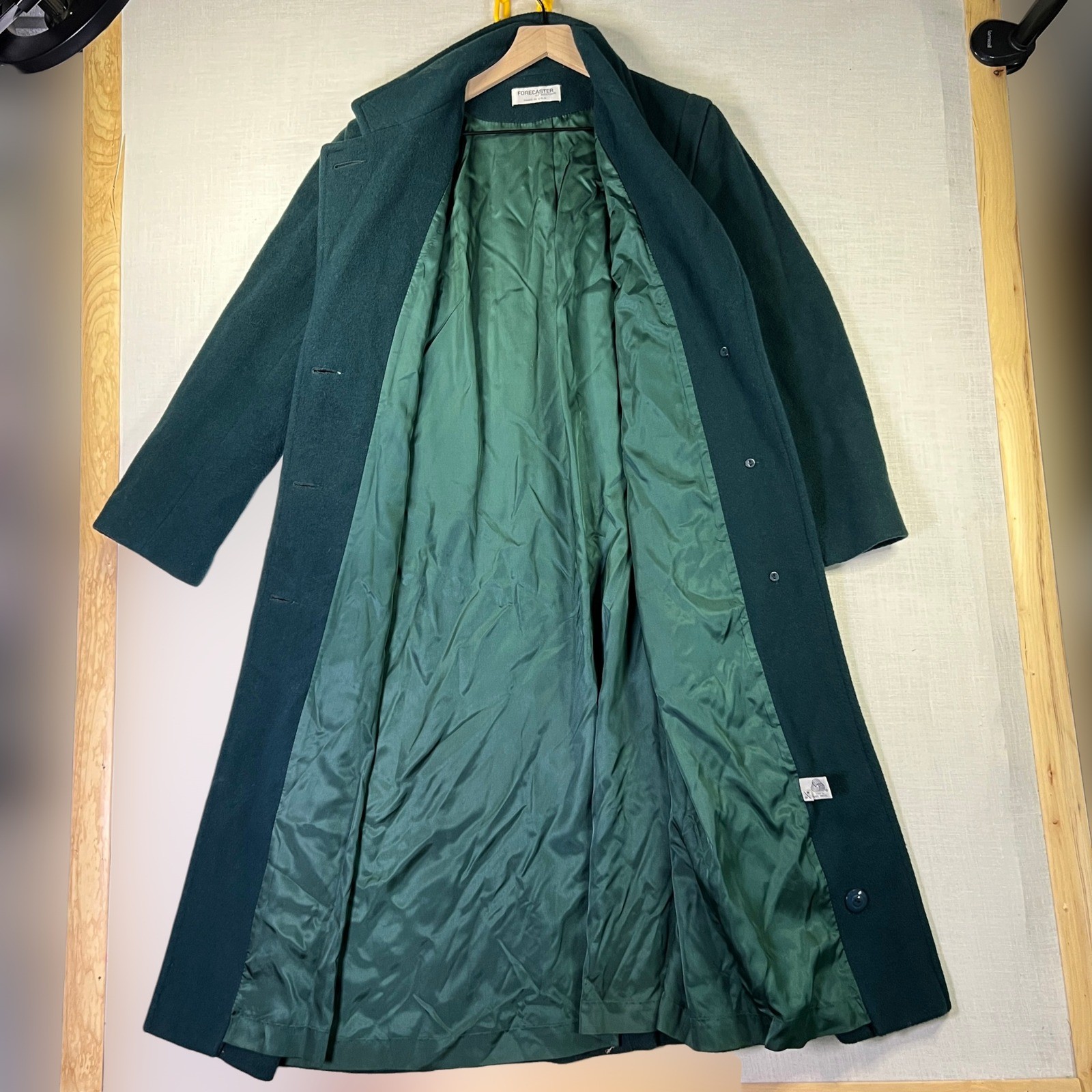 VTG Forecaster Wool Trench Coat Womens 8 Long Green Button Front Overcoat USA