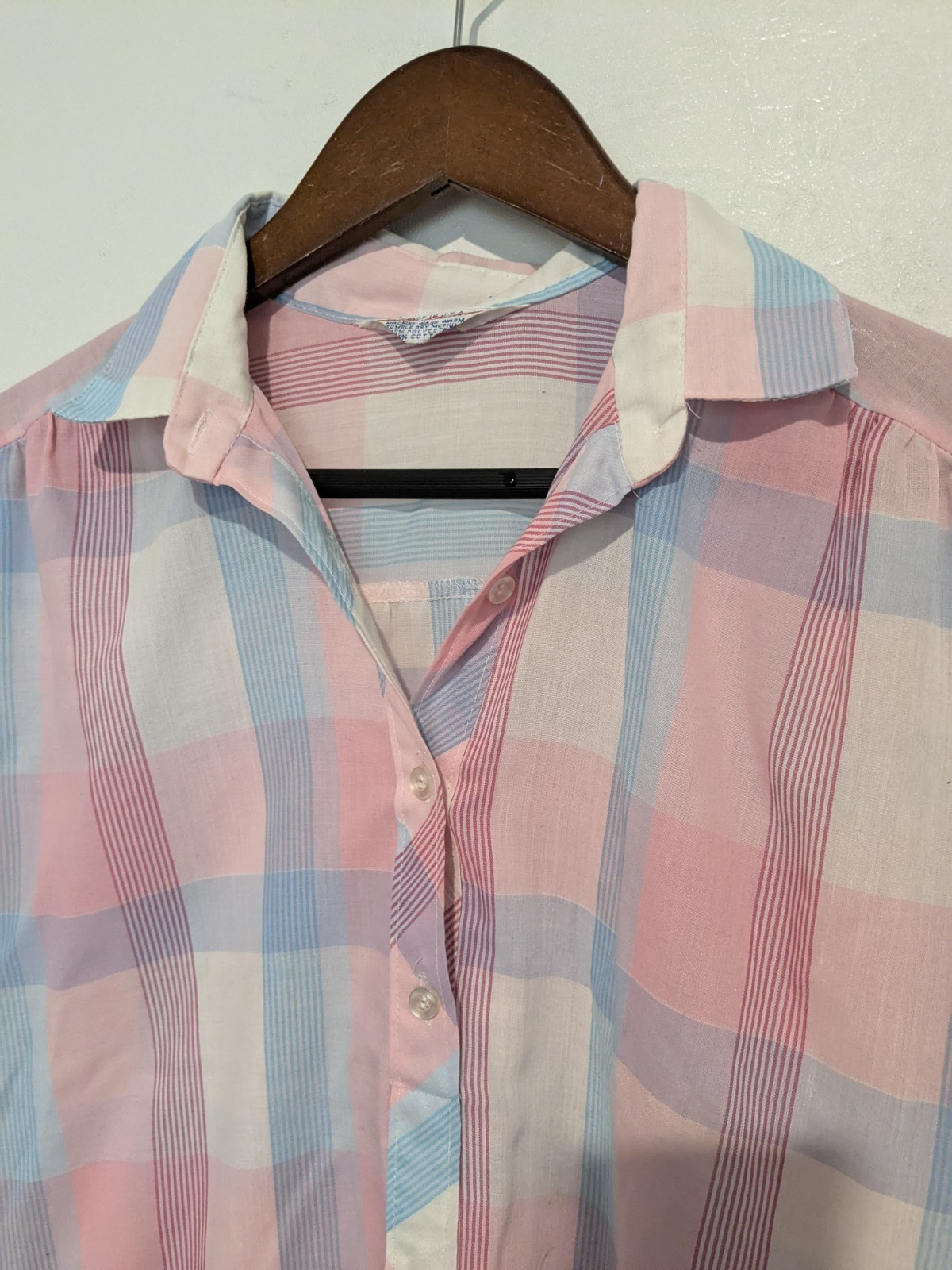 Vintage 80s Plaid Stripe Pink Blue Blouse Top S/ M Summer Cotton Bl Lady Donlin