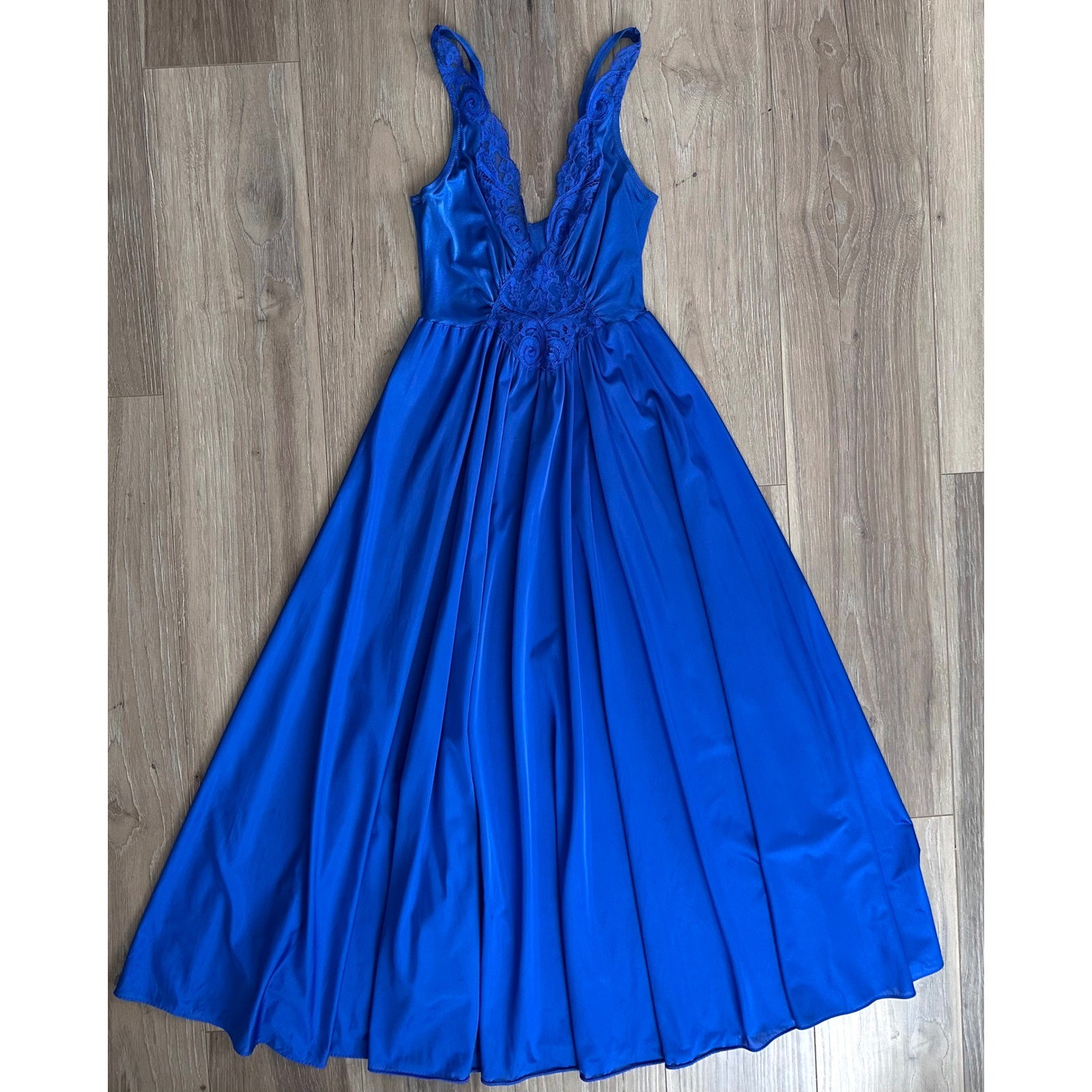 Vintage Vandemere Olga Cobalt Blue Maxi Nightgown M Lace Bodice Full Sweep Glam