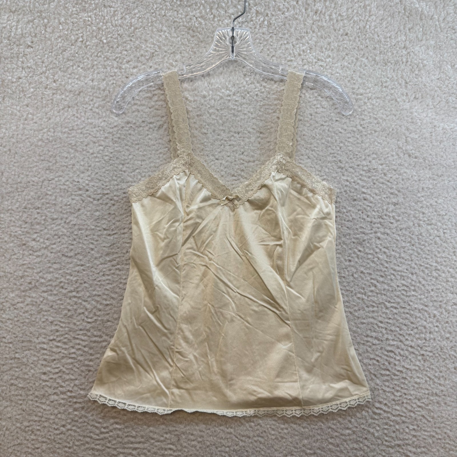 Vintage Lingerie Camisole Top Medium Cream Ivory Off White Satin Lace Edwardian