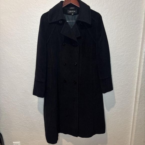 Vintage Jones New York Black Long 100% Wool Over Coat Double Breasted, 12 P