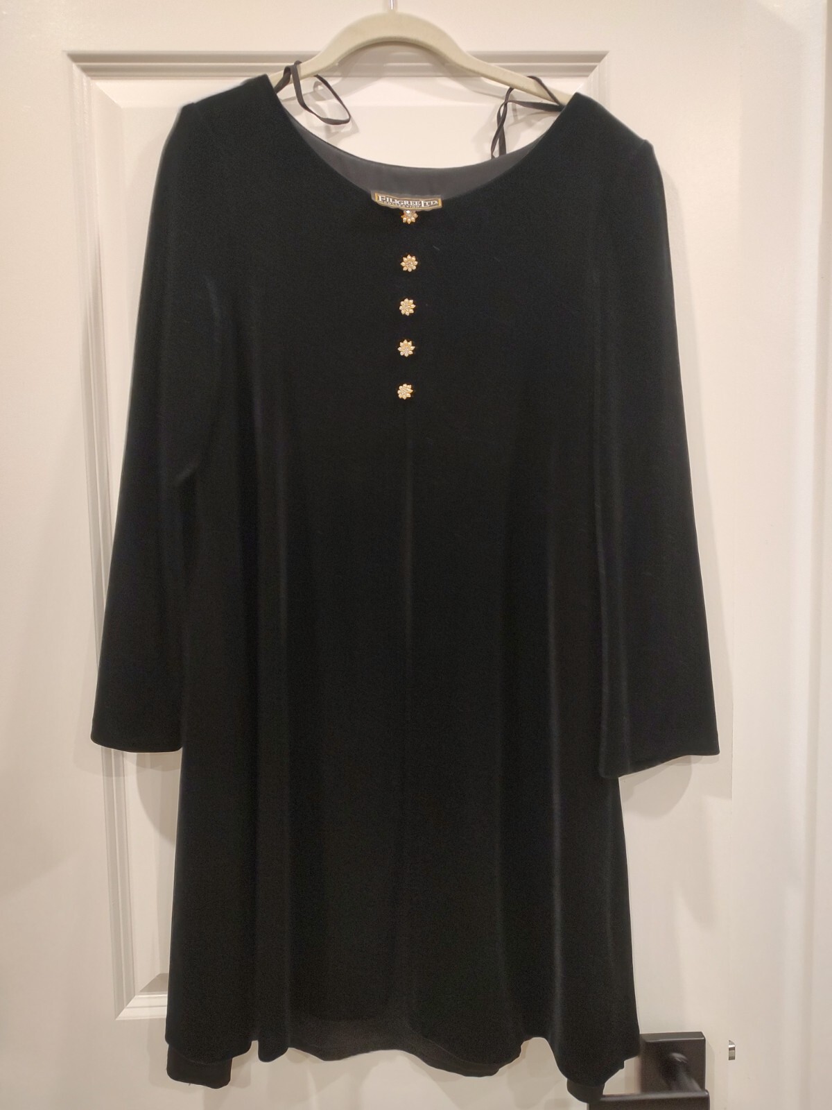 Vintage Filigree LTD Black Velvet Dress Pearl & Rhinestone Flower Buttons Sz 10