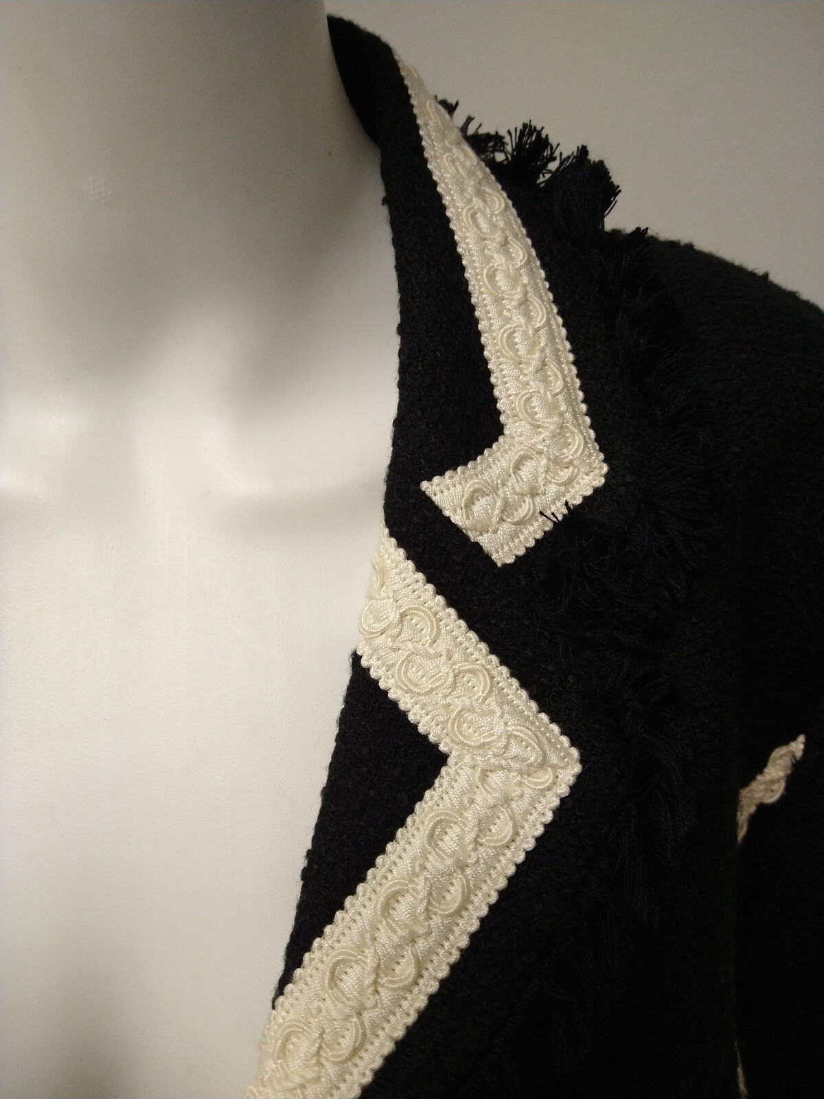 Giancarlo Ferrari Tweed Open Jacket/Blazer Womens 8 Black Fringe Career Vintage