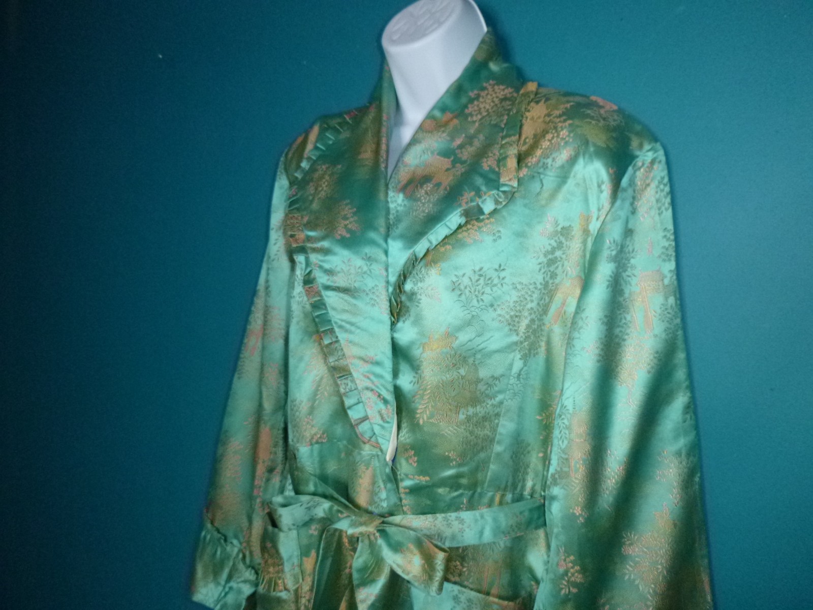 Vtg 40s 50s Aqua & Gold Satin Brocade Robe Dressing Gown Asian Motif Sz S/M