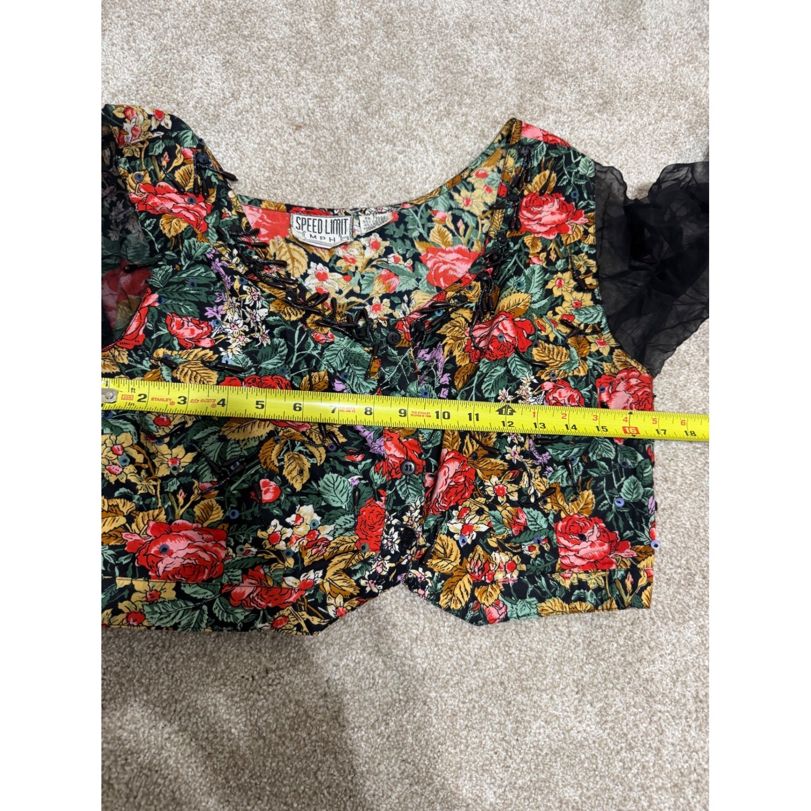 Speed Limit MPH Vintage Floral Beaded Crop Top Sheer Mesh Sleeves Womens Large