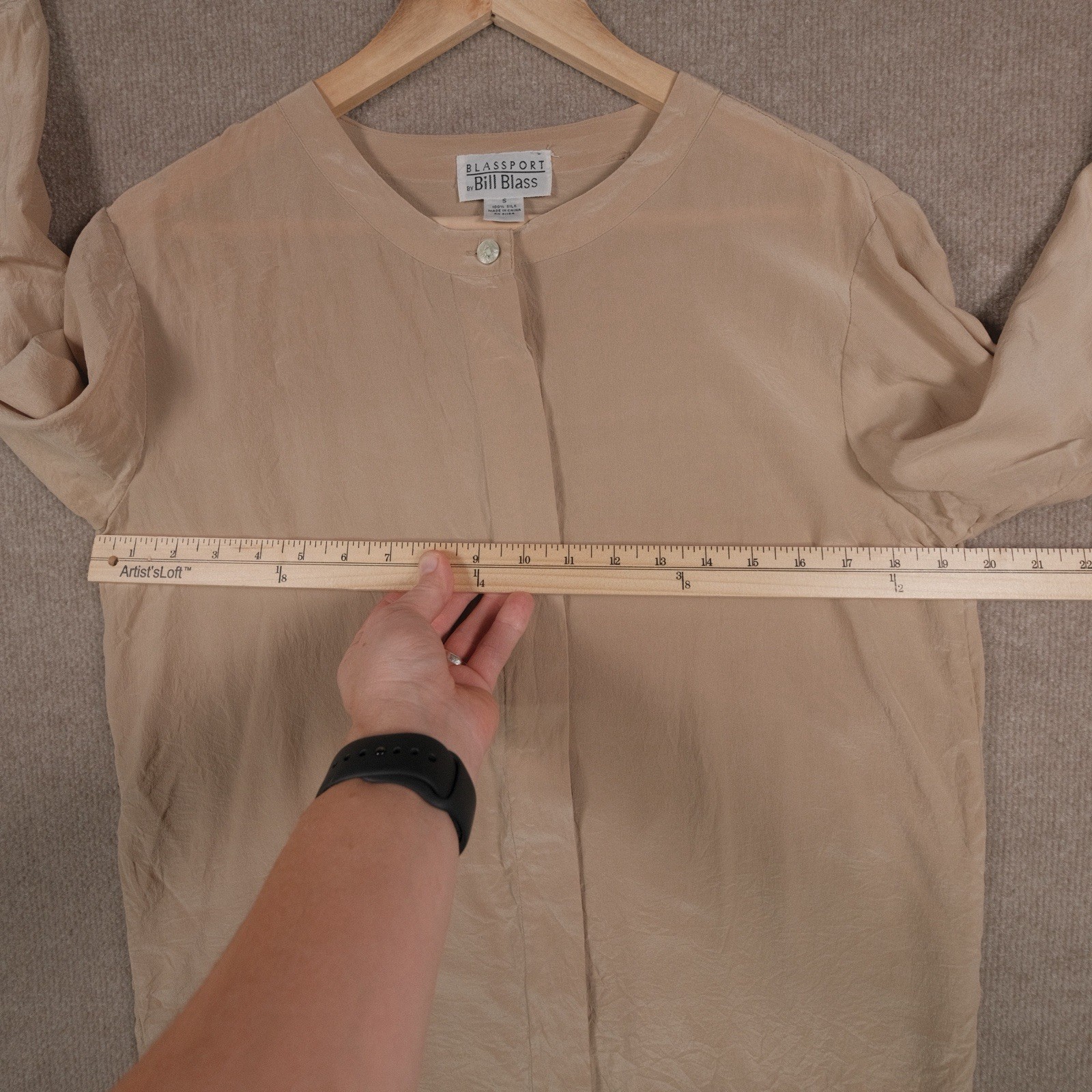 Vintage Blass Port By Bill Blass Women’s 100% Silk Shirt Band Collar Beige S