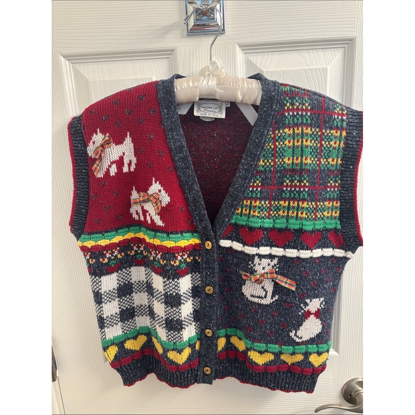 Vintage Sweater Loft Scottie Dog & Cat Knit Vest in Red, Green, Navy- Size L