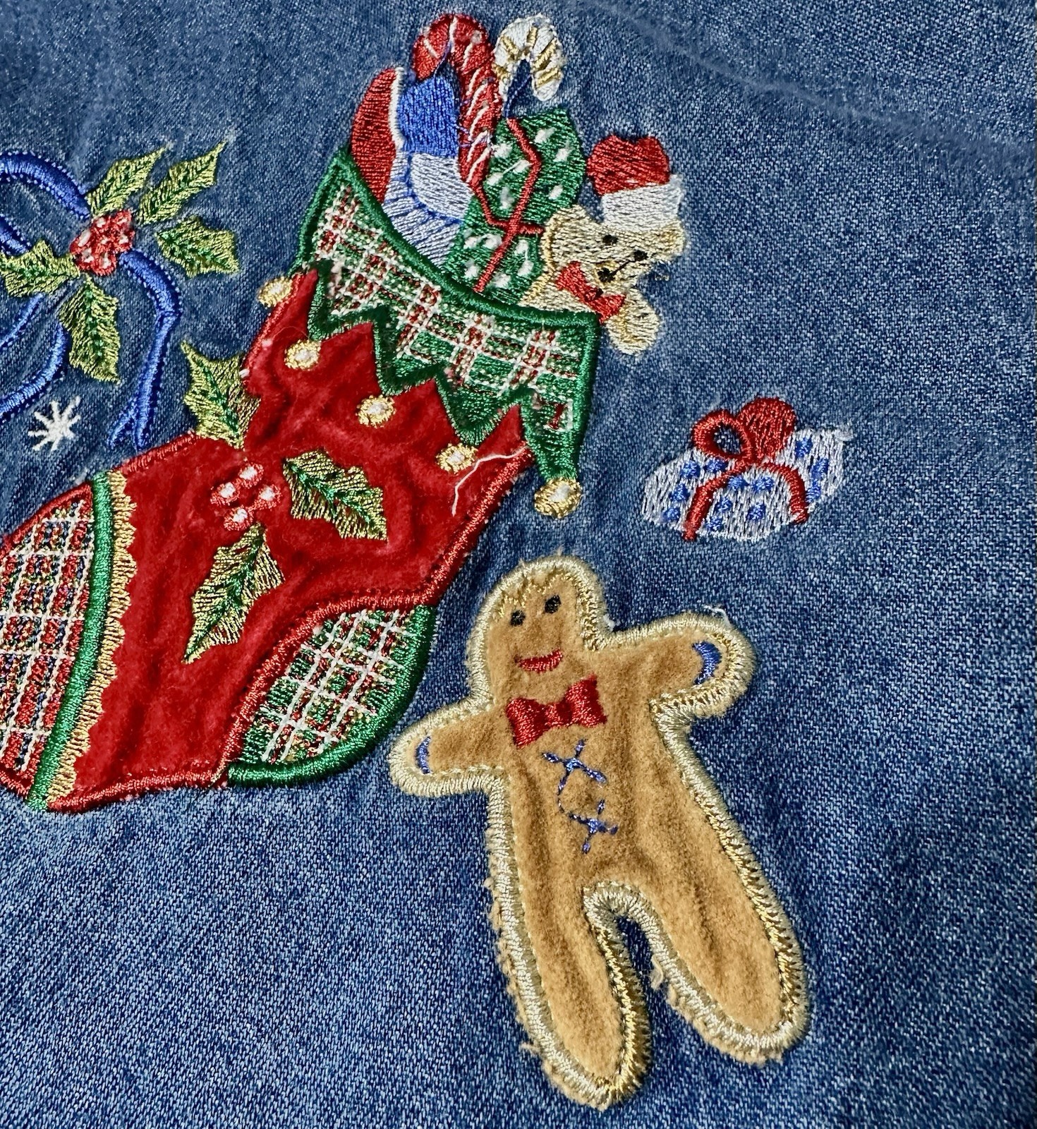 Bobbie Brooks Denim Shirt Christmas Appliqué Snowman Holly Vtg 16/18W Button Y2K