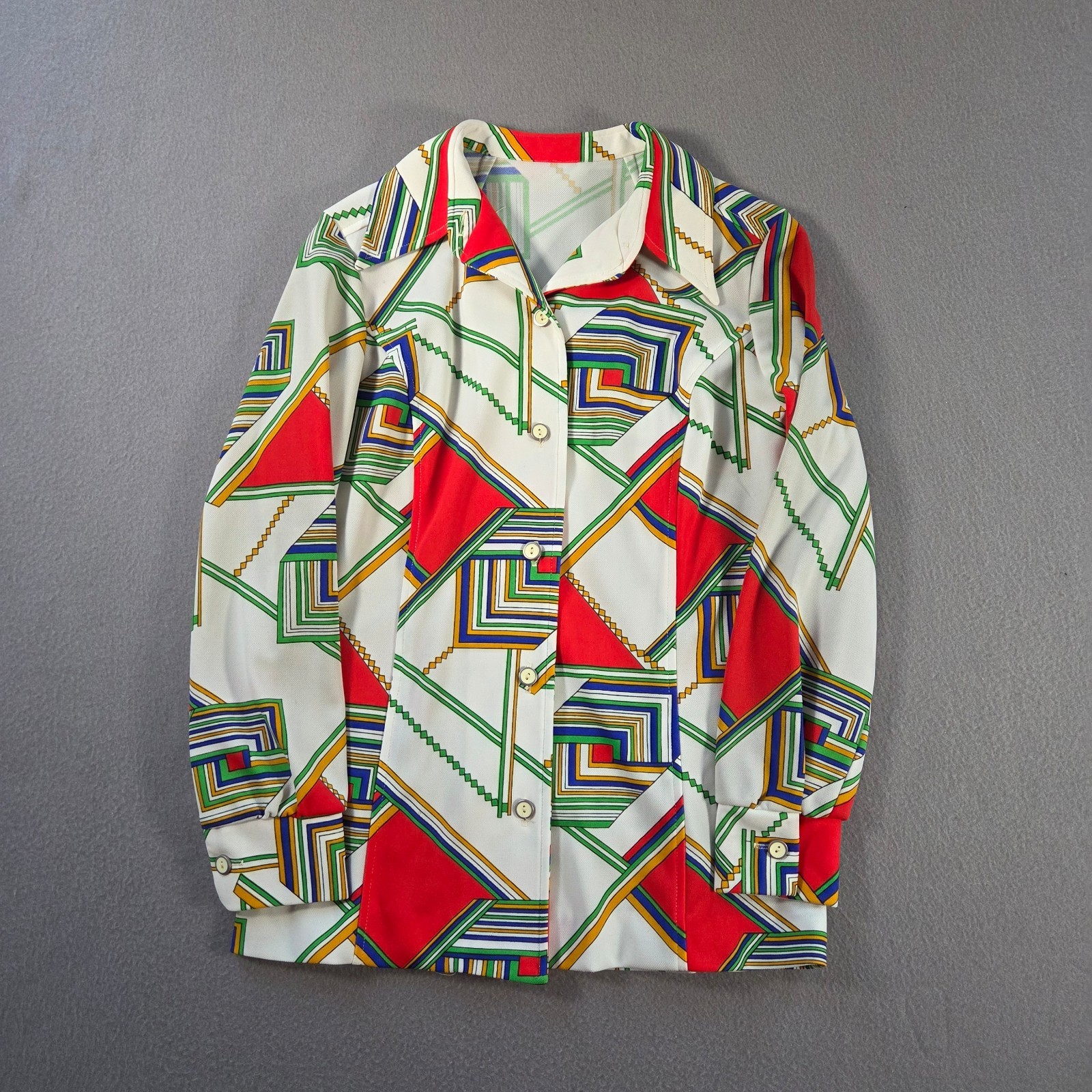 Vintage 70s Blouse Womens Small Sportables Geometric Long Sleeve Disco Shirt