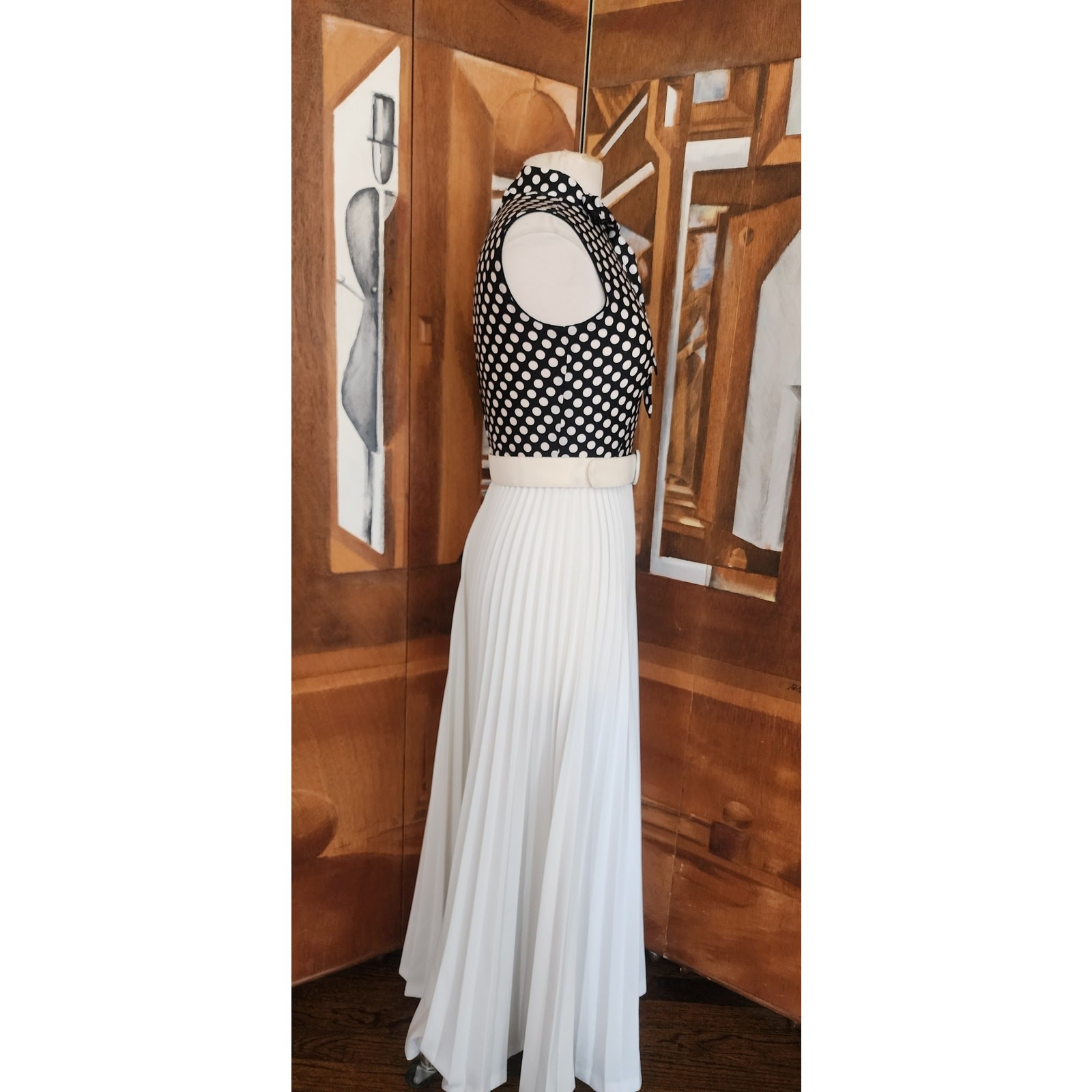 Vintage 1970s Maxi Dress Polkadot Print Pleated Skirt Black White Belted / S