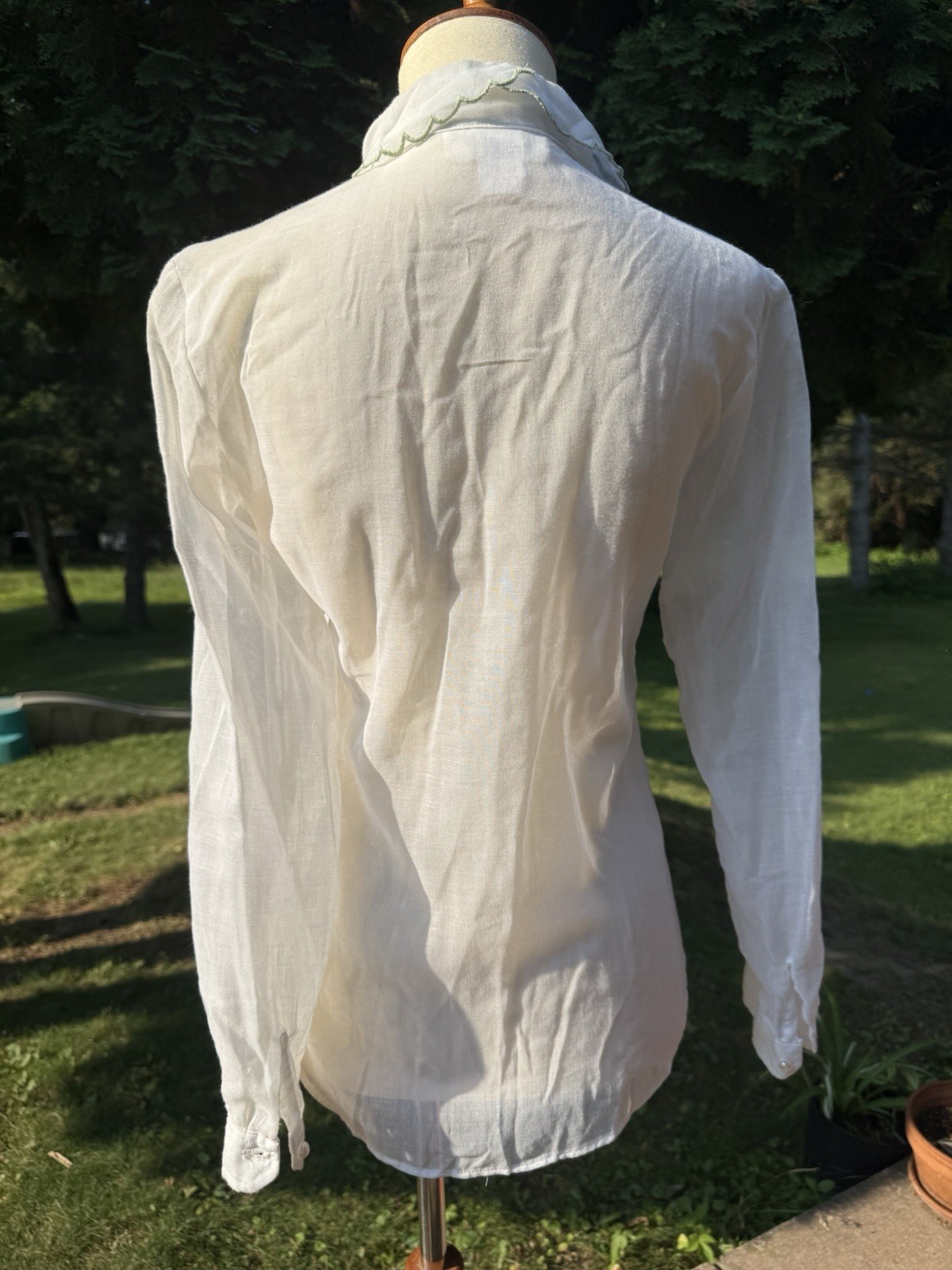 Vintage 70s Blouse Poly Cotton Semi Sheer Embroidered Cottagecore Coquette S
