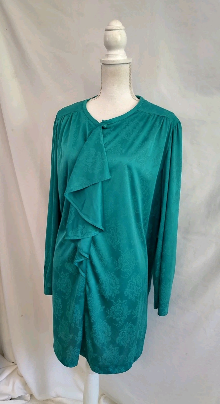 80’s Vintage Dress HHR Jade Green Shirt Dress Ruffle Poet Neck Long Sleeve Sz XL
