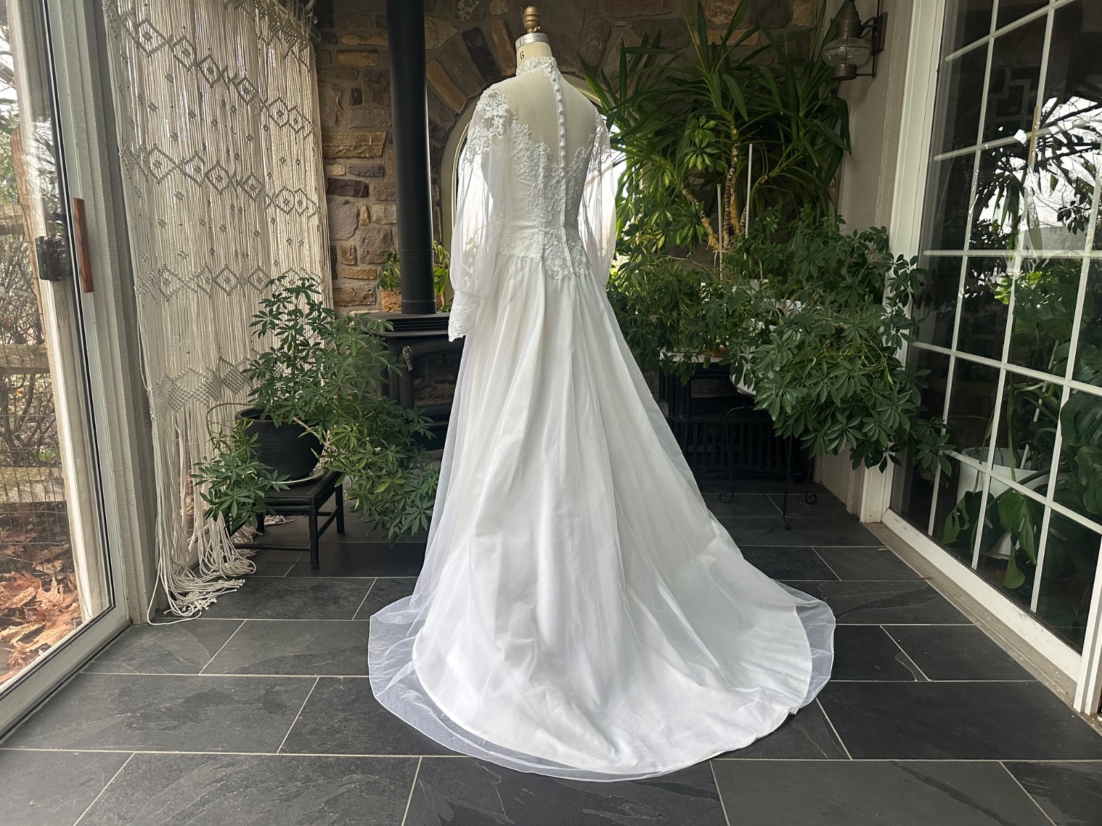 Vintage 1970s White High Neck Nylon Chiffon and Lace Wedding Gown