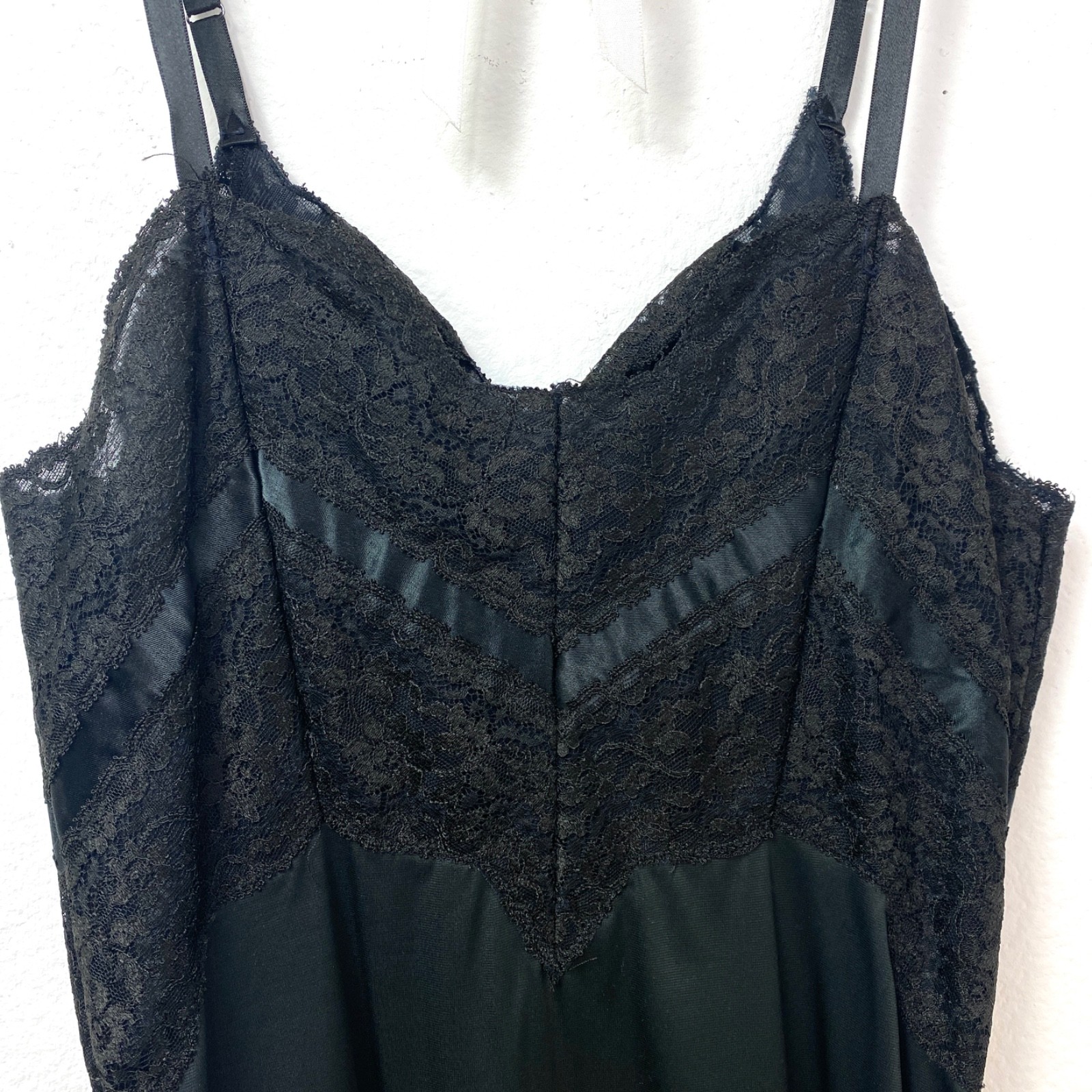 Vintage Charmode Black Full Nylon Tricot Baby Doll Slip Size 32 Lace Below Knee
