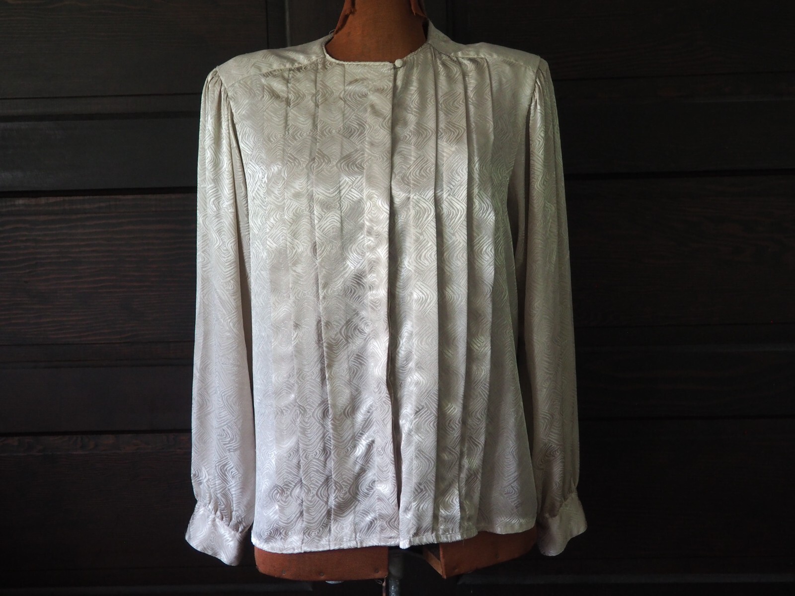 VTG 90s Silver Gray Pleated Shimmer Office Shoulder Pads Blouse Top Shirt Sz 14