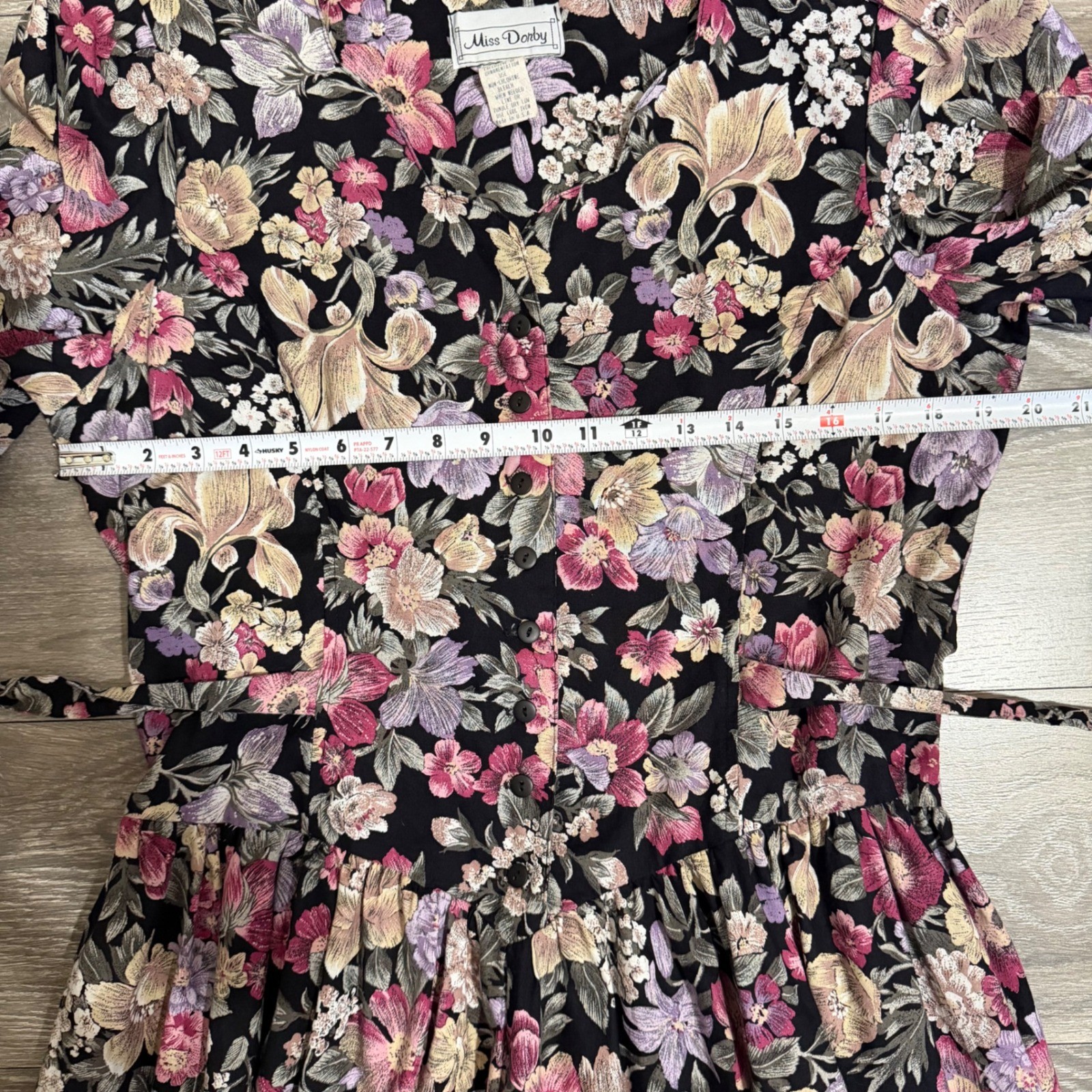 Miss Dorby Vintage 90s Floral Midi Dress L Black Purple Button Front USA Made