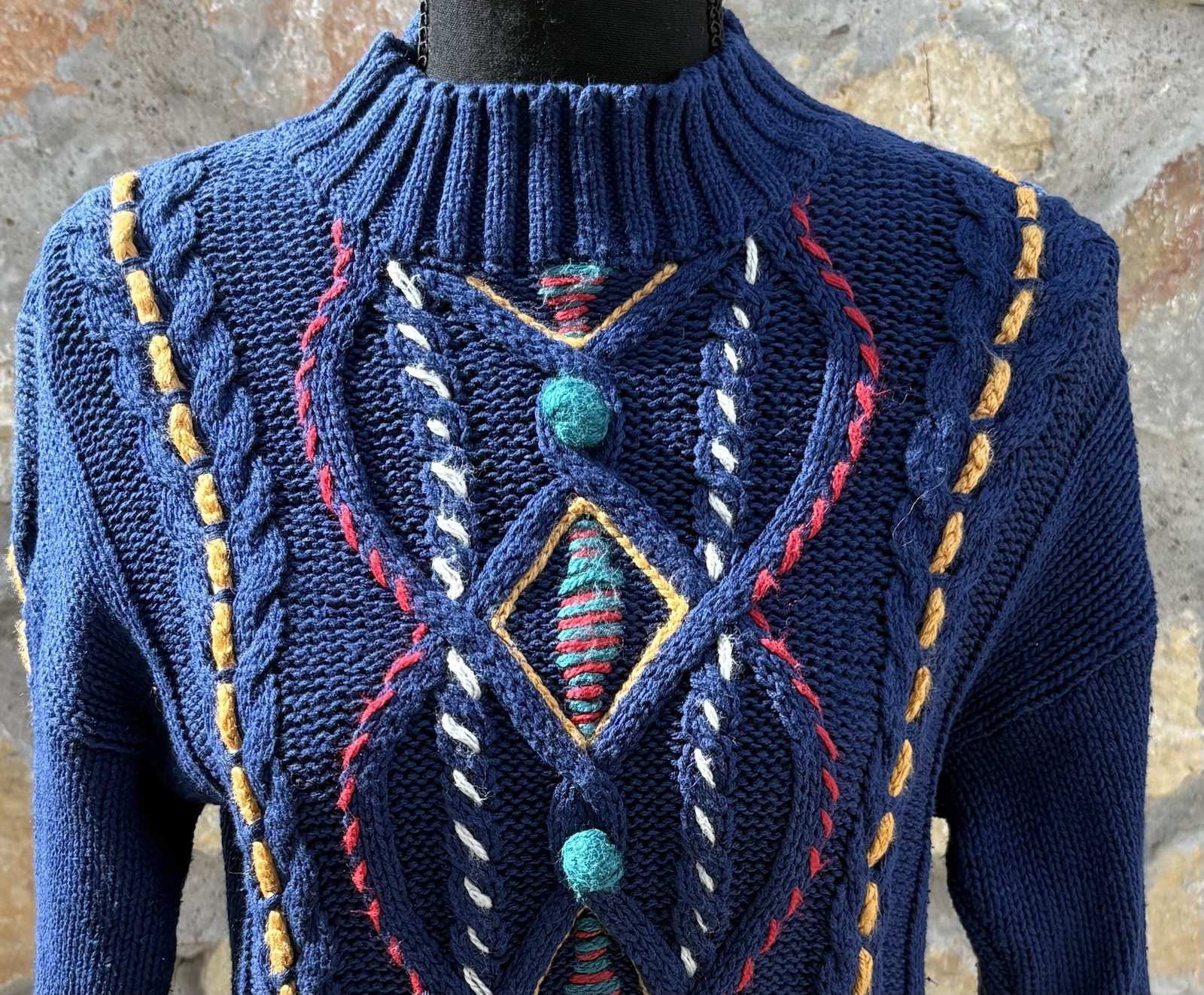 Vintage Mixed blues S Chunky Cable Knit Base W/ Colorful Embroidery POM POM READ