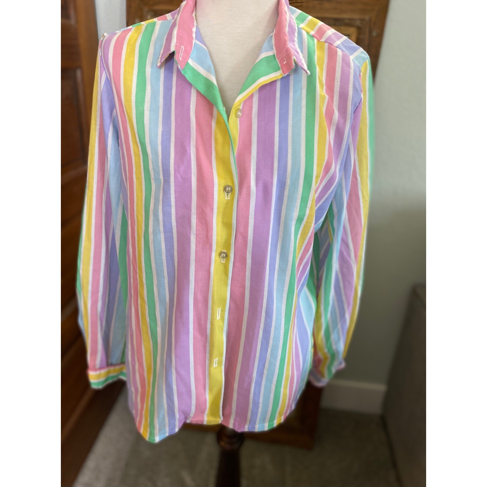 Vintage 70s JCPenney Pastel Candy Stripe Button Down Blouse Shirt Womens 10
