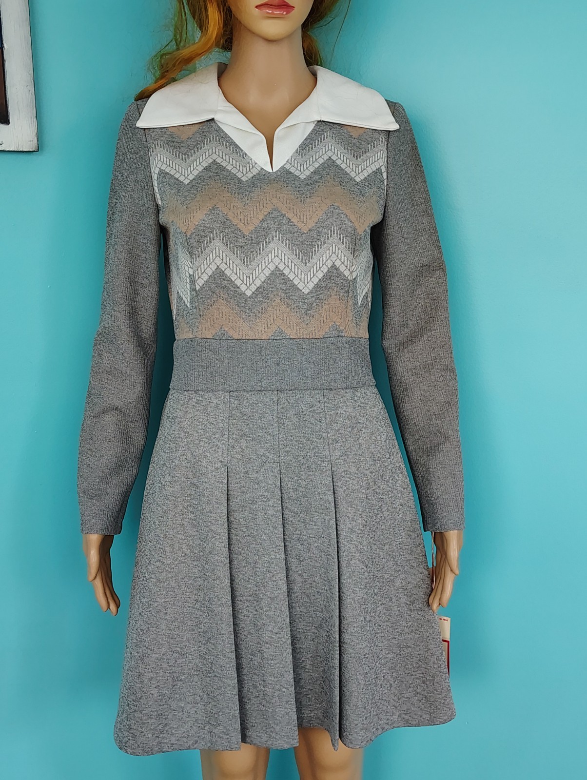 Vintage 70’s Chevron Mini Dress Gray Peter Pan Collar Patty O’Neil NWT size: 11