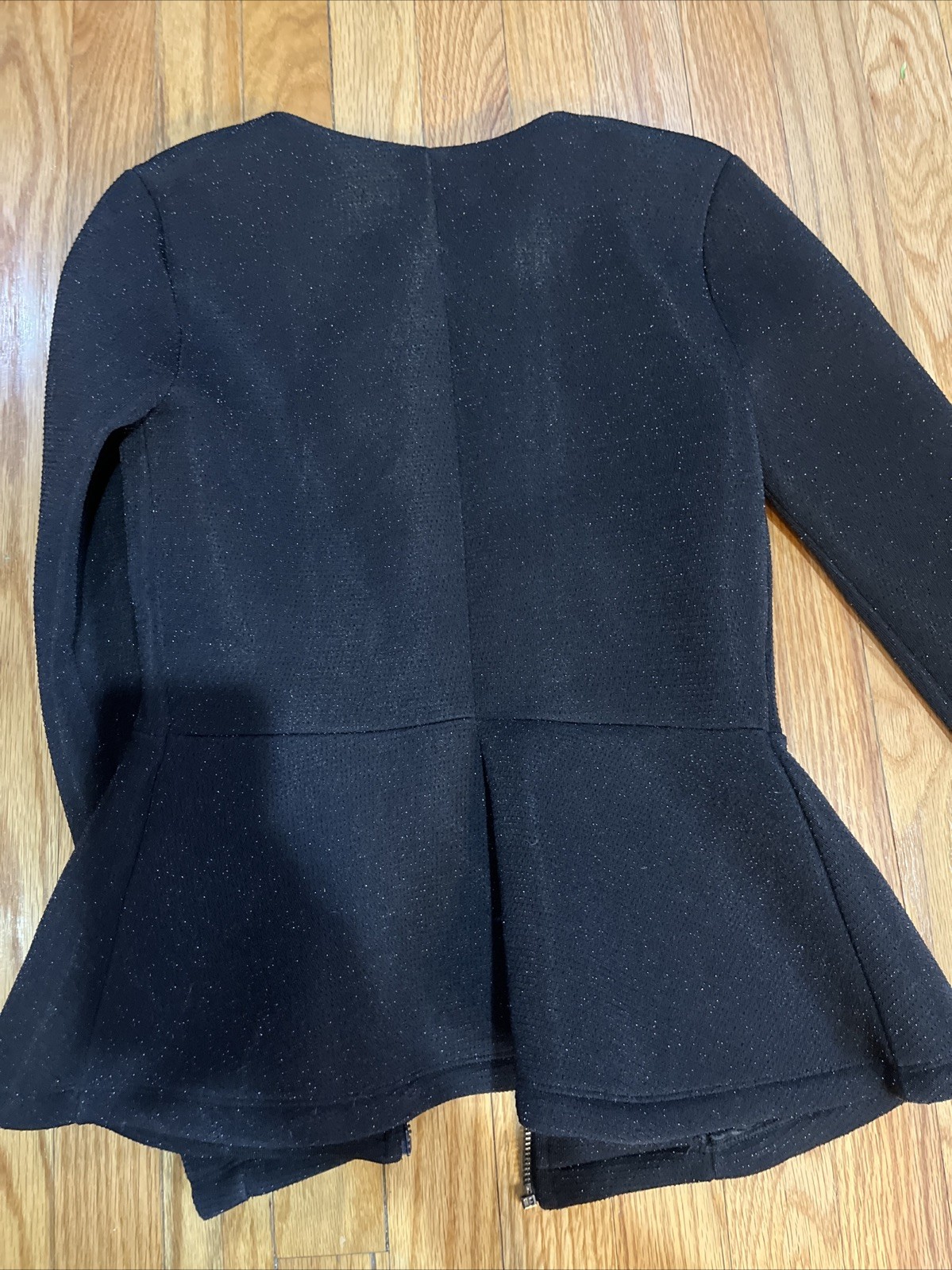 FOREVER 21 Dressy PEPLUM Hem SCUBA Jacket, ZIP Front Black/Silver Sparkle SZ S