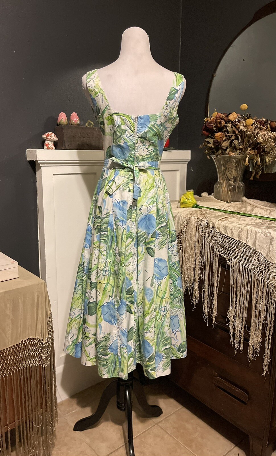 1950’s Vintage Water Color Floral Summer Dress Blues Greens