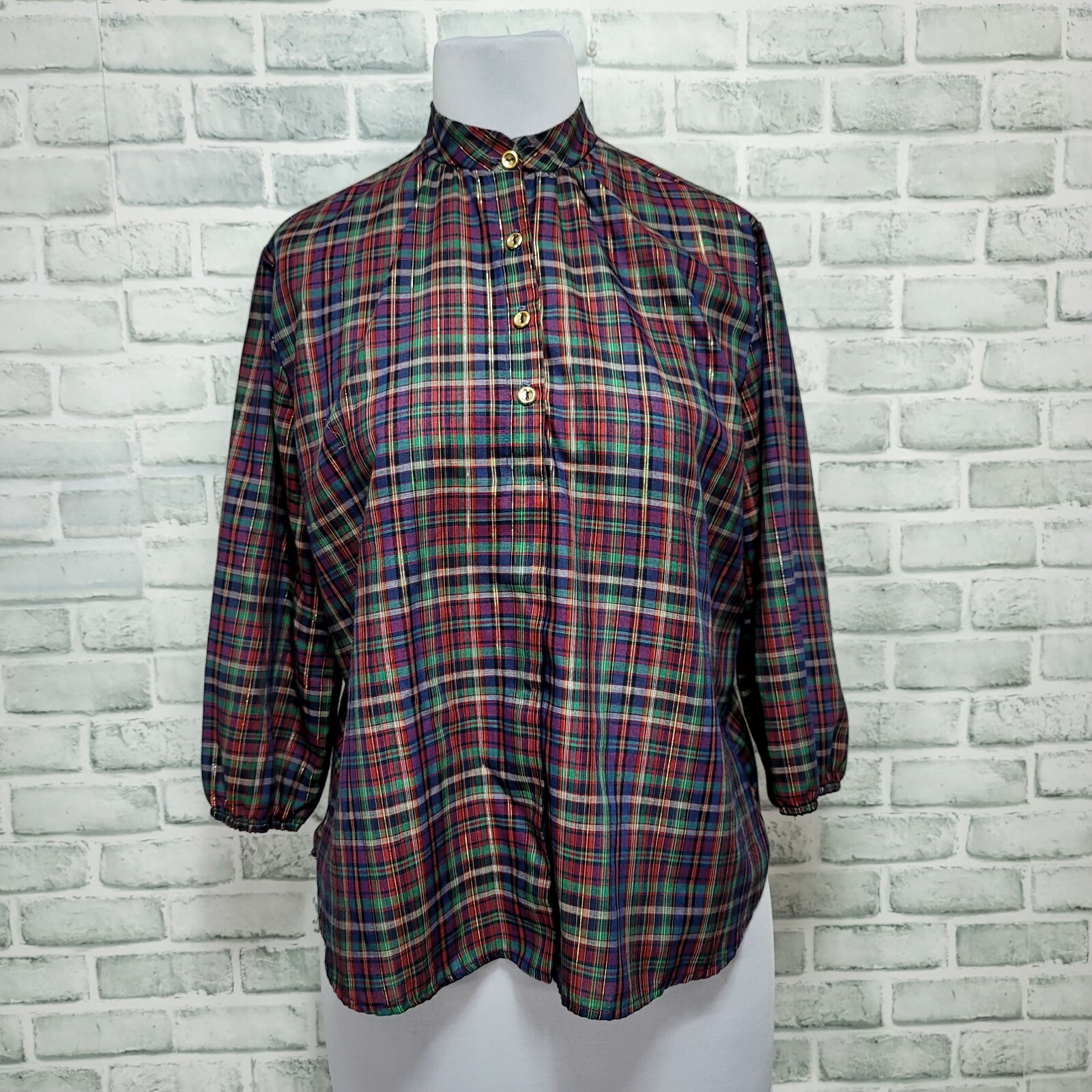 Vintage 70s 80s Plaid Sheer Lightweight 1/4 Button Down 3/4 Sleeve Blouse