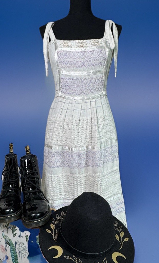 Vintage Folk Art Dress Handmade Woven Cotton Whimsigoth Cottagecore Romance