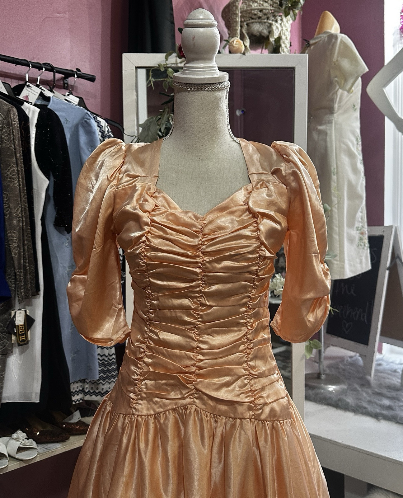 Vintage 80s Does 40s Liquid Satin Prom Party Dress Fit & Flare Peach Pink XS
