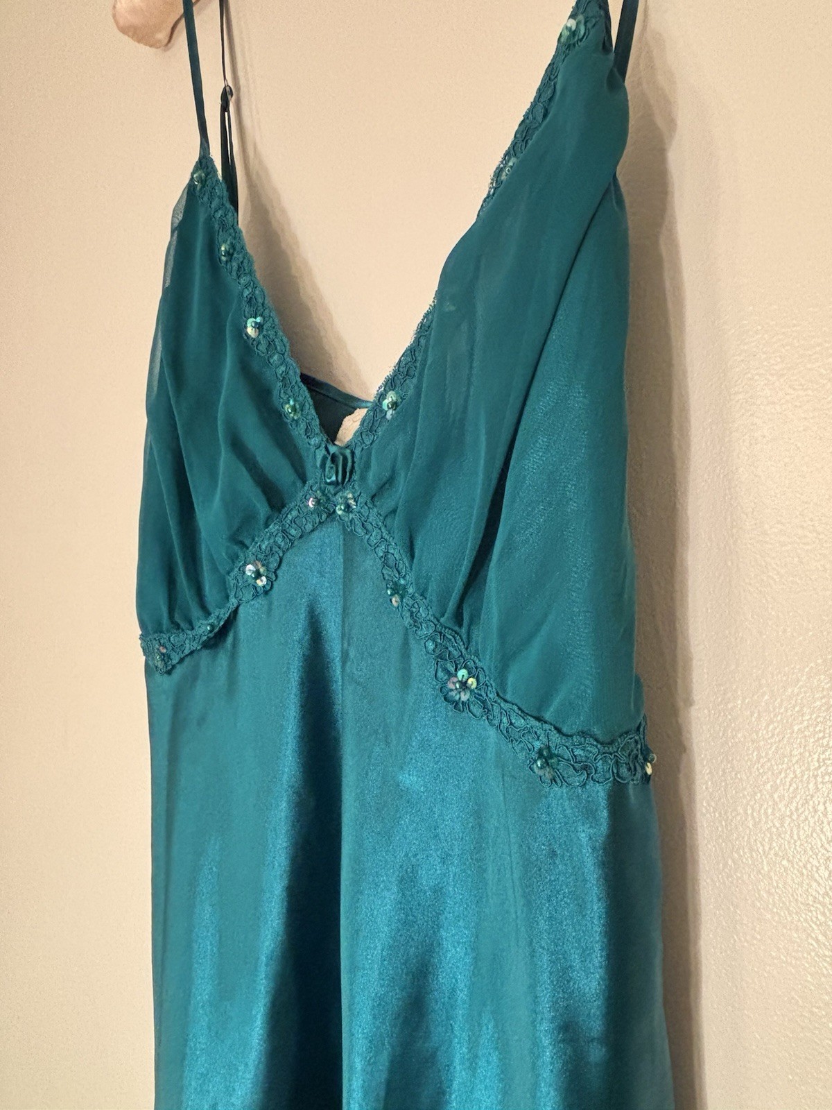 Vintage Sears Inner Most Woman Teal Satin Slip Dress Nightgown Lace Sequins