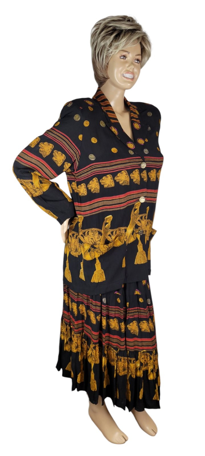 Vtg CL Carole Little Black Gold Tassel Etruscan Revival Gauze Skirt Top Set 8/10