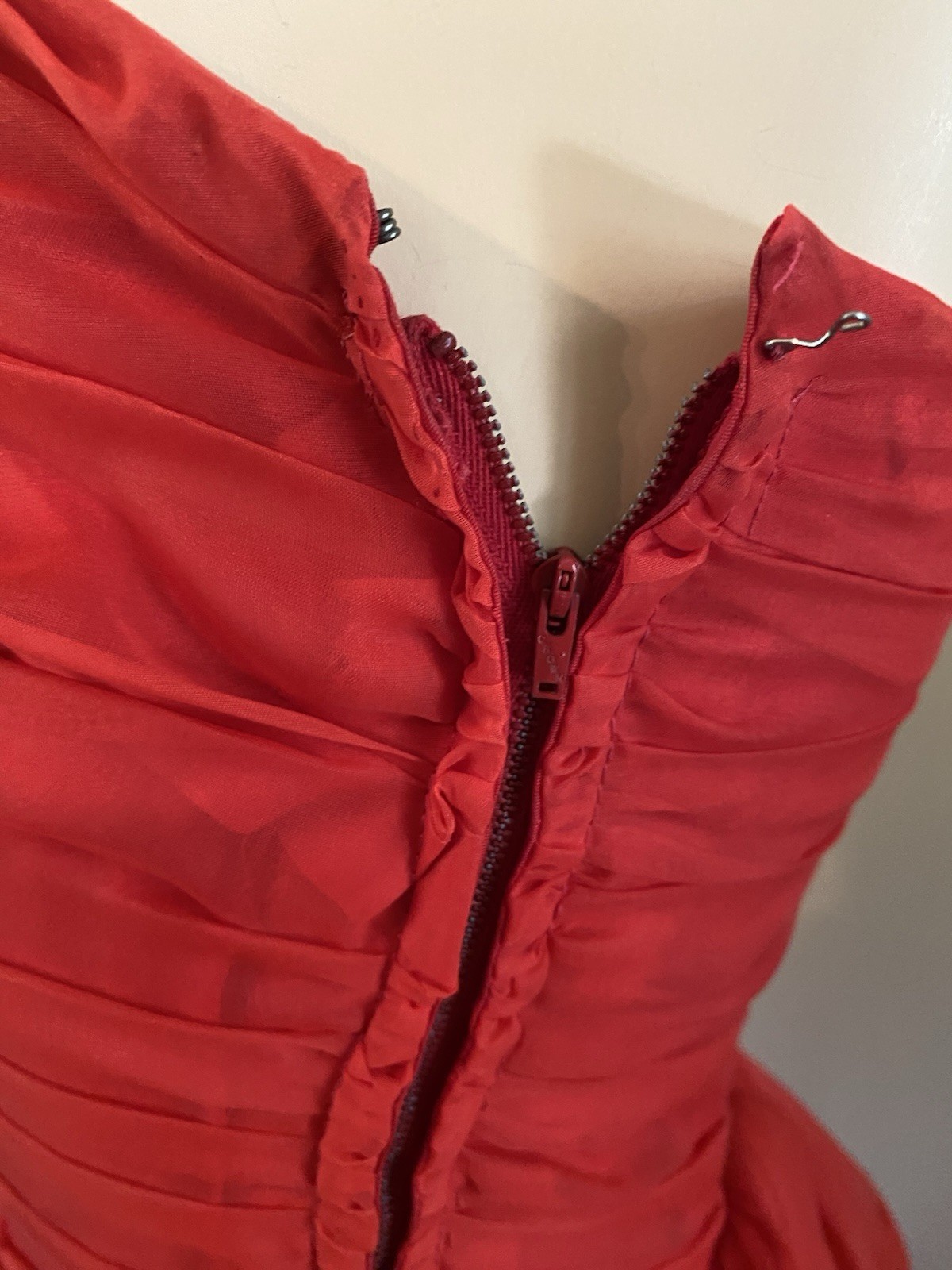 VTG 50s Red Chiffon Strapless Evening Cocktail Prom Gown Dress XS