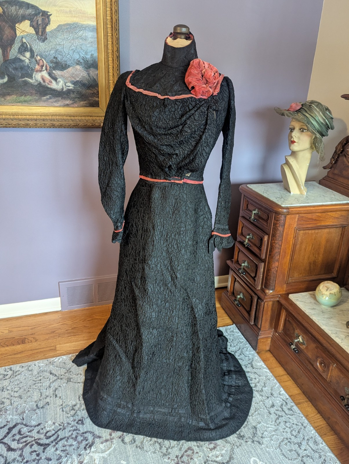 Antique Victorian Edwardian ca 1890’s – 1900 2 Piece Dress Velvet Rose and Trim