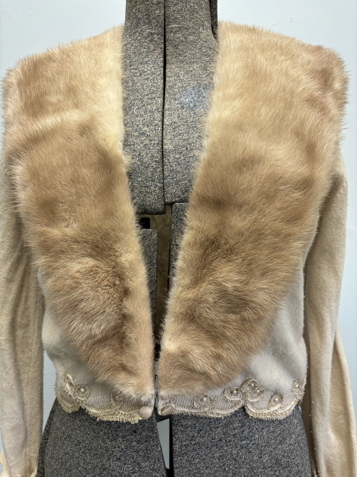 Vintage Cashmere Mink Trim Cream Sweater, S/M By ALTMANN OF VIENNA