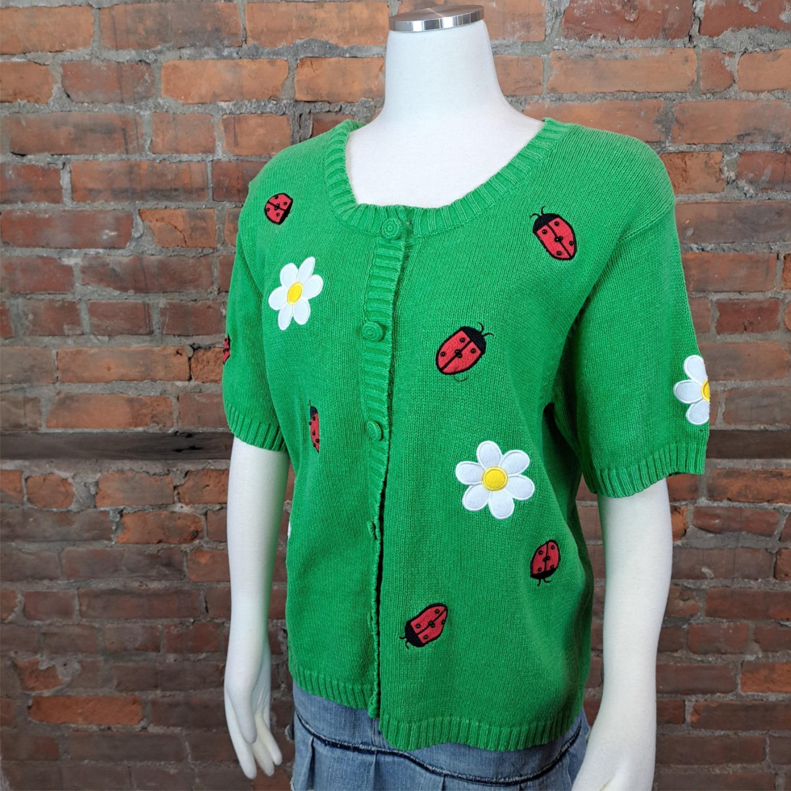 Vintage Sweater Cardigan Green Short Sleeves Lady Bug Daisy Size XL
