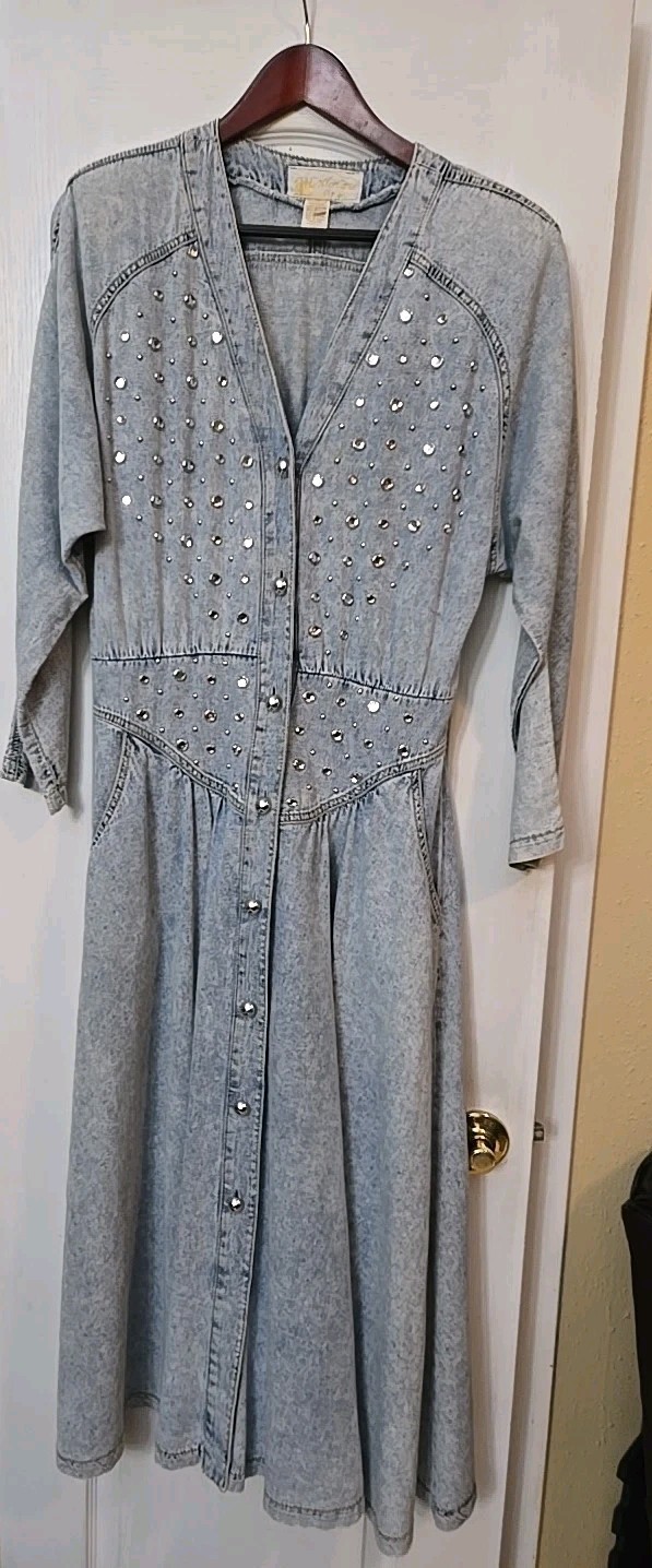 Vintage Monique Fashions Western Silver Studded Acid Wash Denim Dress 11/12