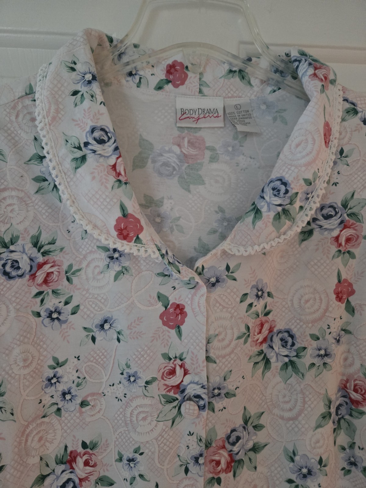 Body Drama Lingerie Pink Blue Roses Granny Gown VTG 90’s 100% Cotton L