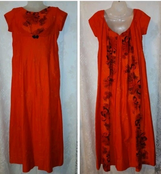 Vintage 60s Hawaiian Togs Red Polished Cotton Oriental Watteau Muumuu Dress S