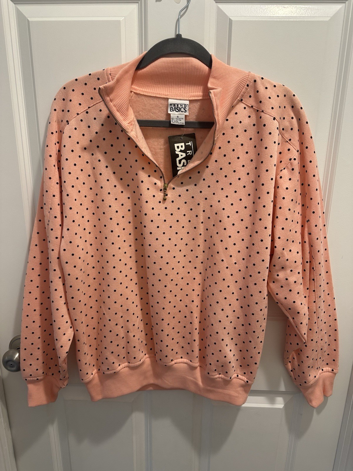 Vintage NWT Trend Basics Pink Black Polka Dot Pullover Sweatshirt 1/4 zip Small