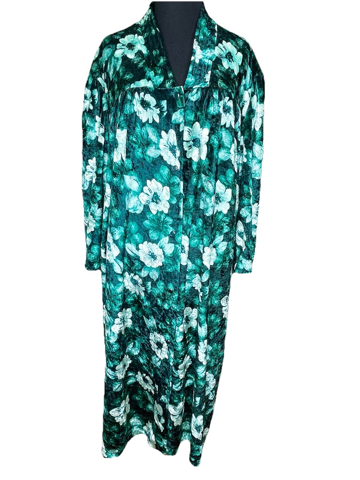 Vtg Robe Housecoat Floral Full Snap Buttons Plush Pockets Green Simply Basic 1XL