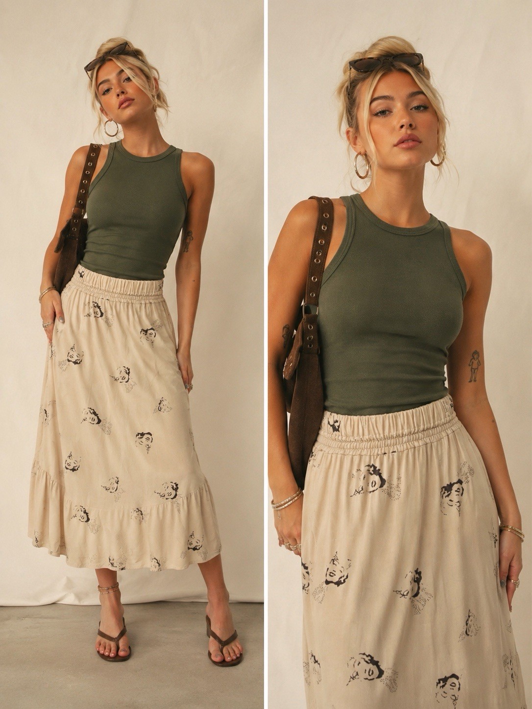 Vintage Miss Mod Marilyn Monroe Pop Art Print Midi Skirt Y2K Boho Ruffle Medium