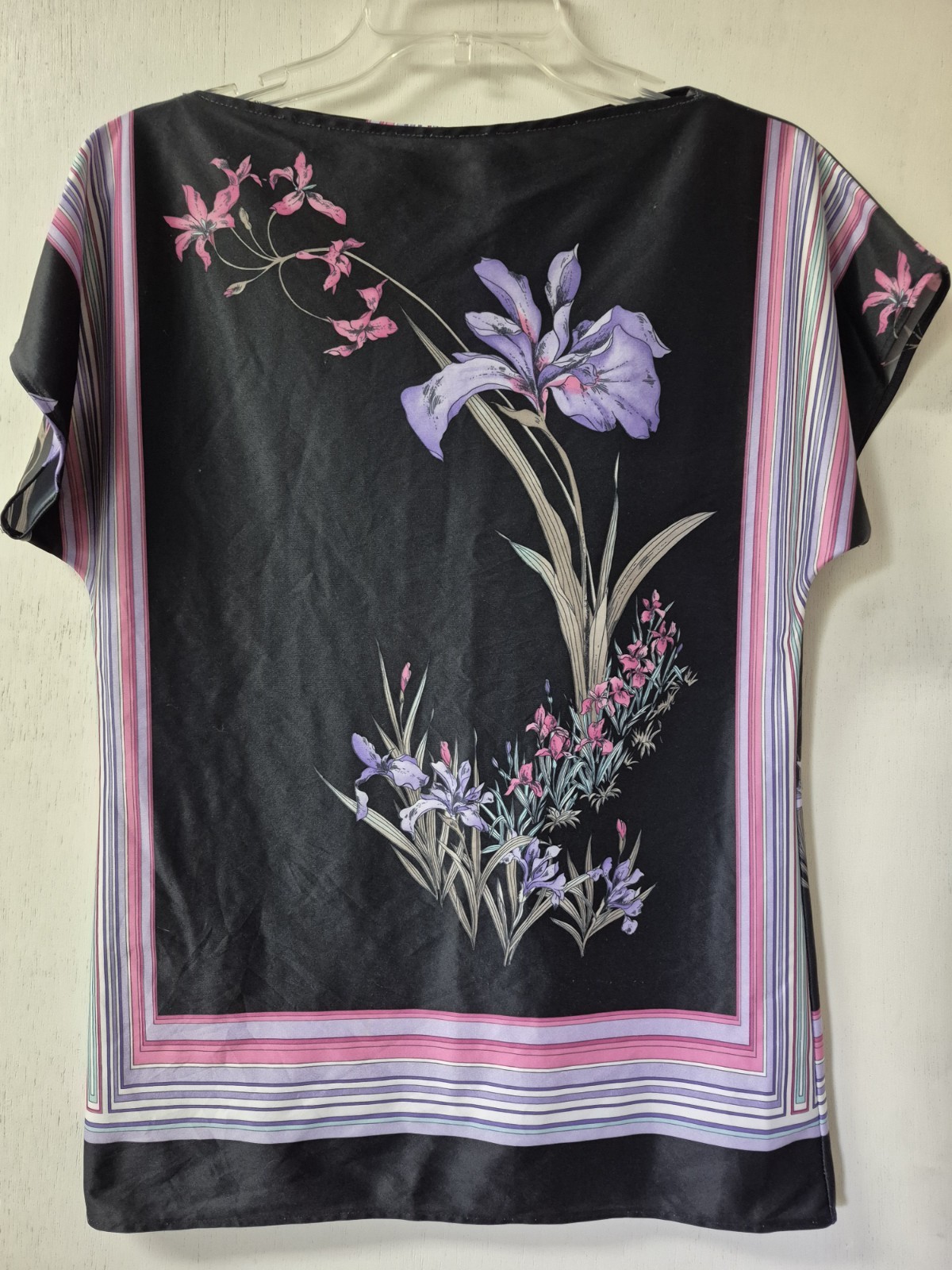 Vintage 70’s 80’s Black Jersey Silk Painterly Orchid Pinstripe Borders Size S