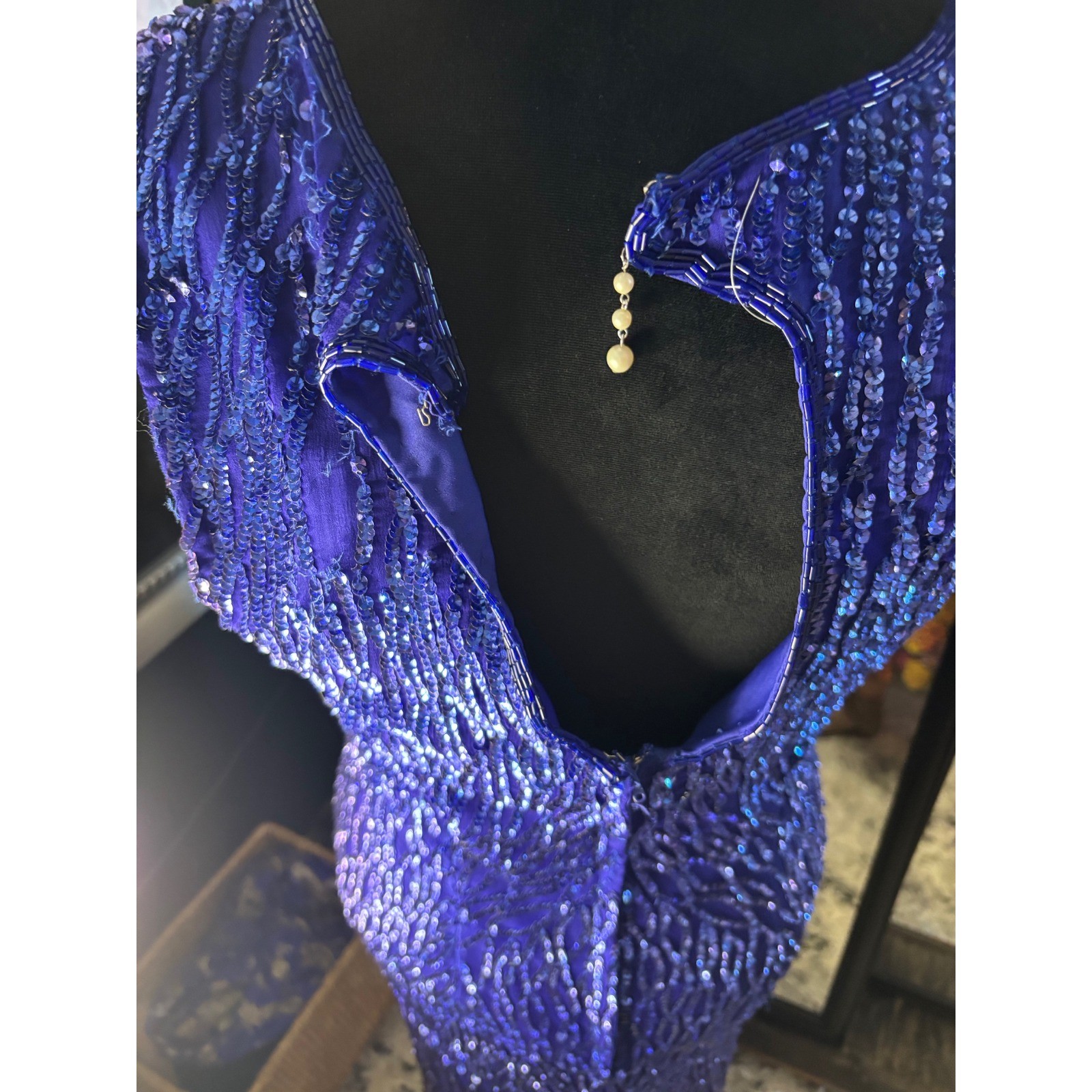 Vintage Blue Sequin Cocktail dress V-Neck Keyhole Back Fringe Hem Sleeveless