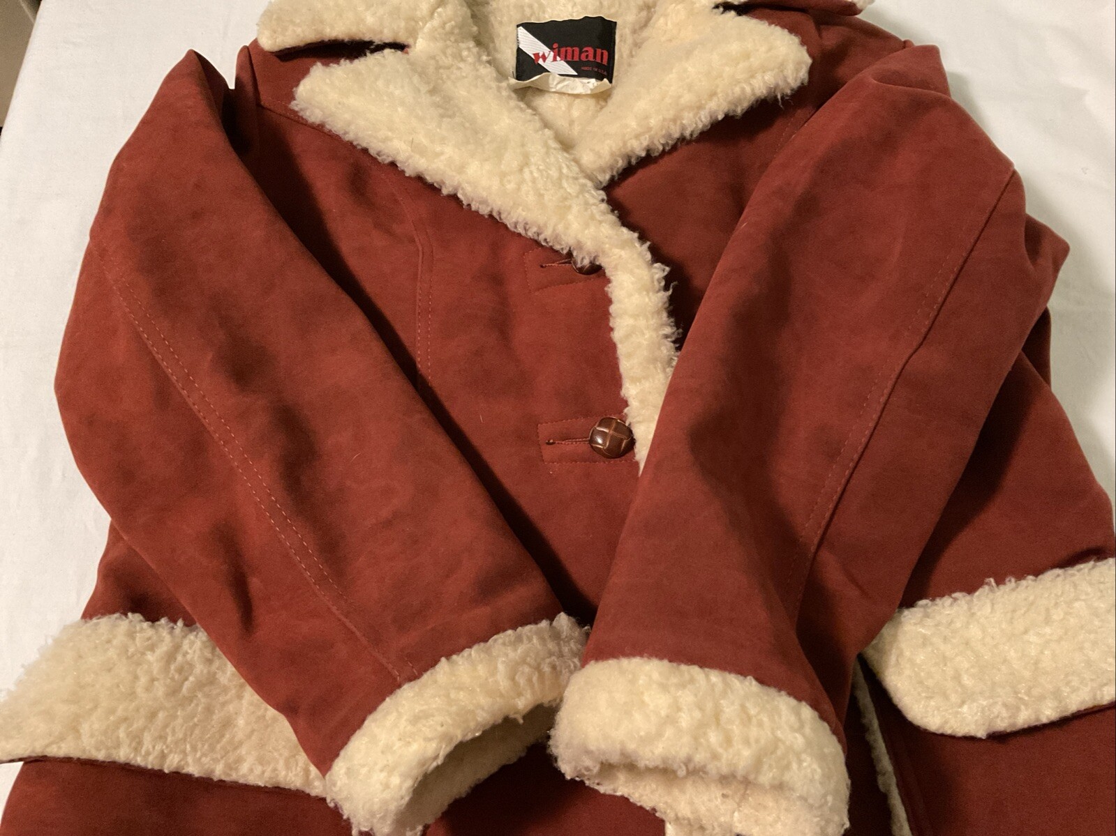 Vintage 70s 80s Wiman Sherpa Vegan Faux Suede Coat Union Made USA Womens Size L