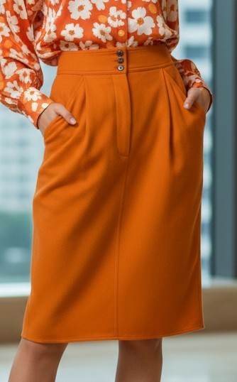 Vintage Charles Jourdan Paris Orange Wool Pencil Skirt Pockets 36 XS