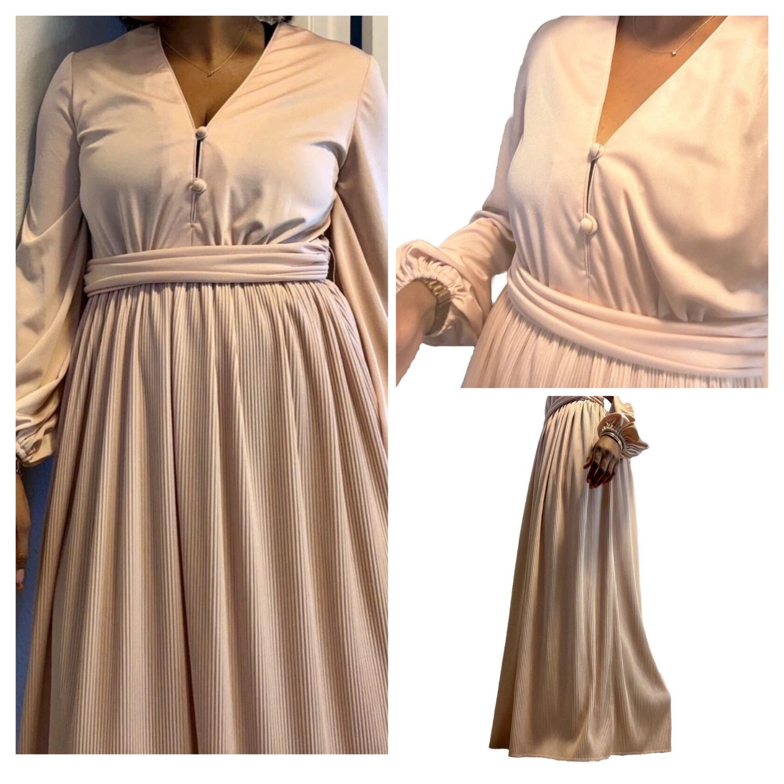 VTG Glam Lilli Diamond Powder Pink Empire Waist Maxi Dress Gown M Flowy Boho