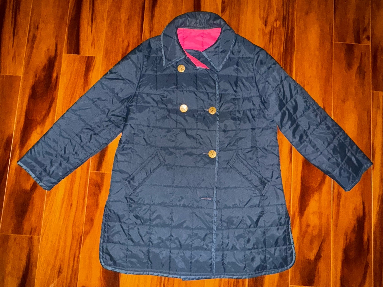 Vintage 60s Johnny Appleseeds Quilted Coat Navy Blue Pink Liner USA Union Made M