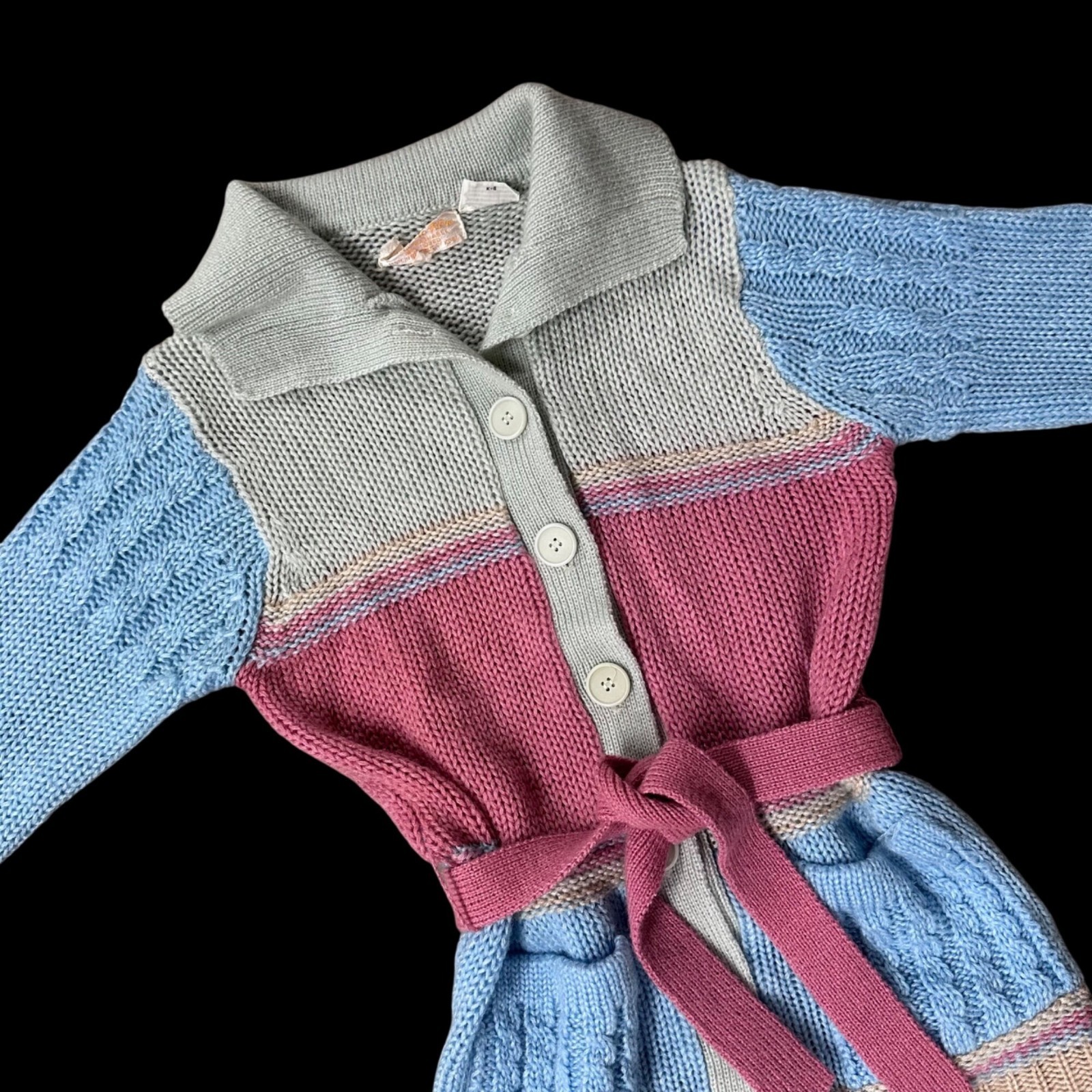 Vintage Knit Cardigan Sweater 1970s Belt Pockets Small Korea Pink Blue Gray Tan