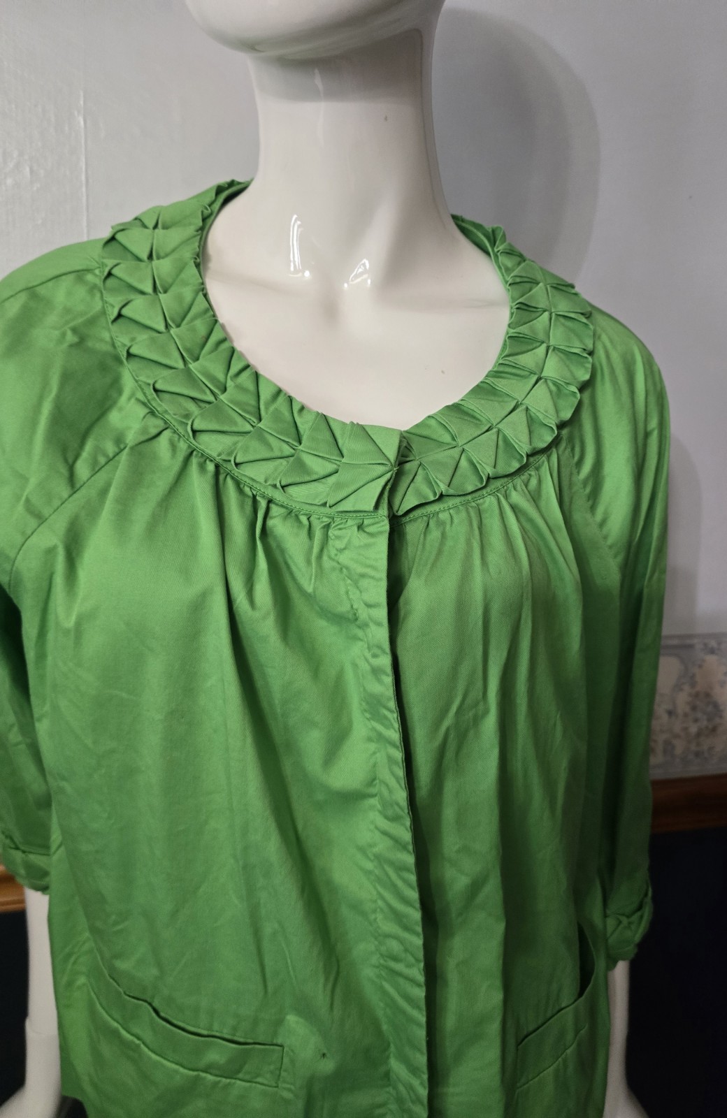 SIMPLY Chloe Dao Green Pleated Collar Jacket 1X Plus Size Cotton Stretch