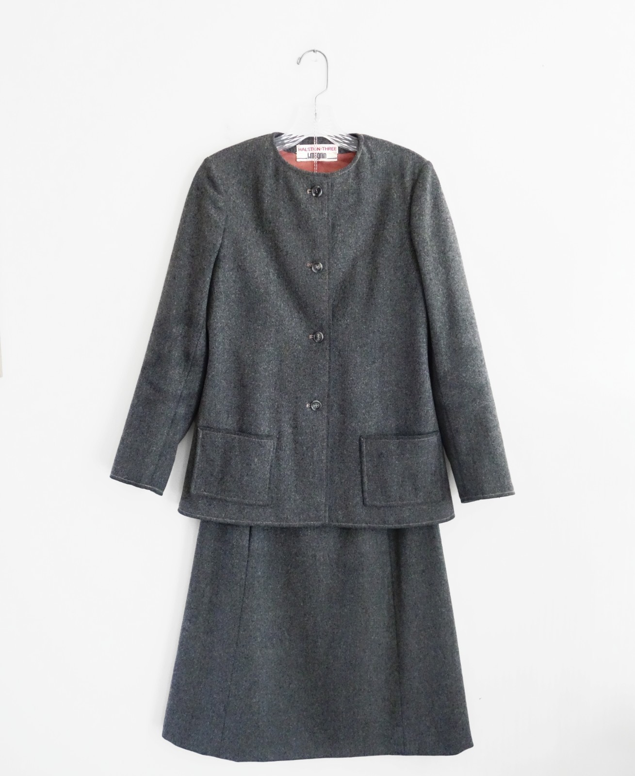Vtg 70s Halston Three I. Magnin Grey Fleecy Wool Midi Skirt Suit est XXS 2XS 00
